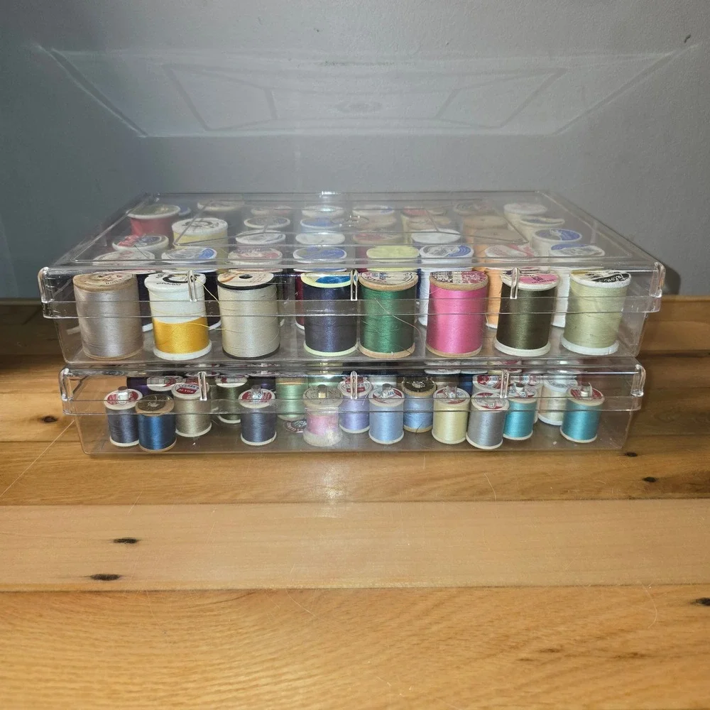 Vintage Sewing Thread Lot Wooden Plastic Spools Coats Clark Talon Lily 2 Cases